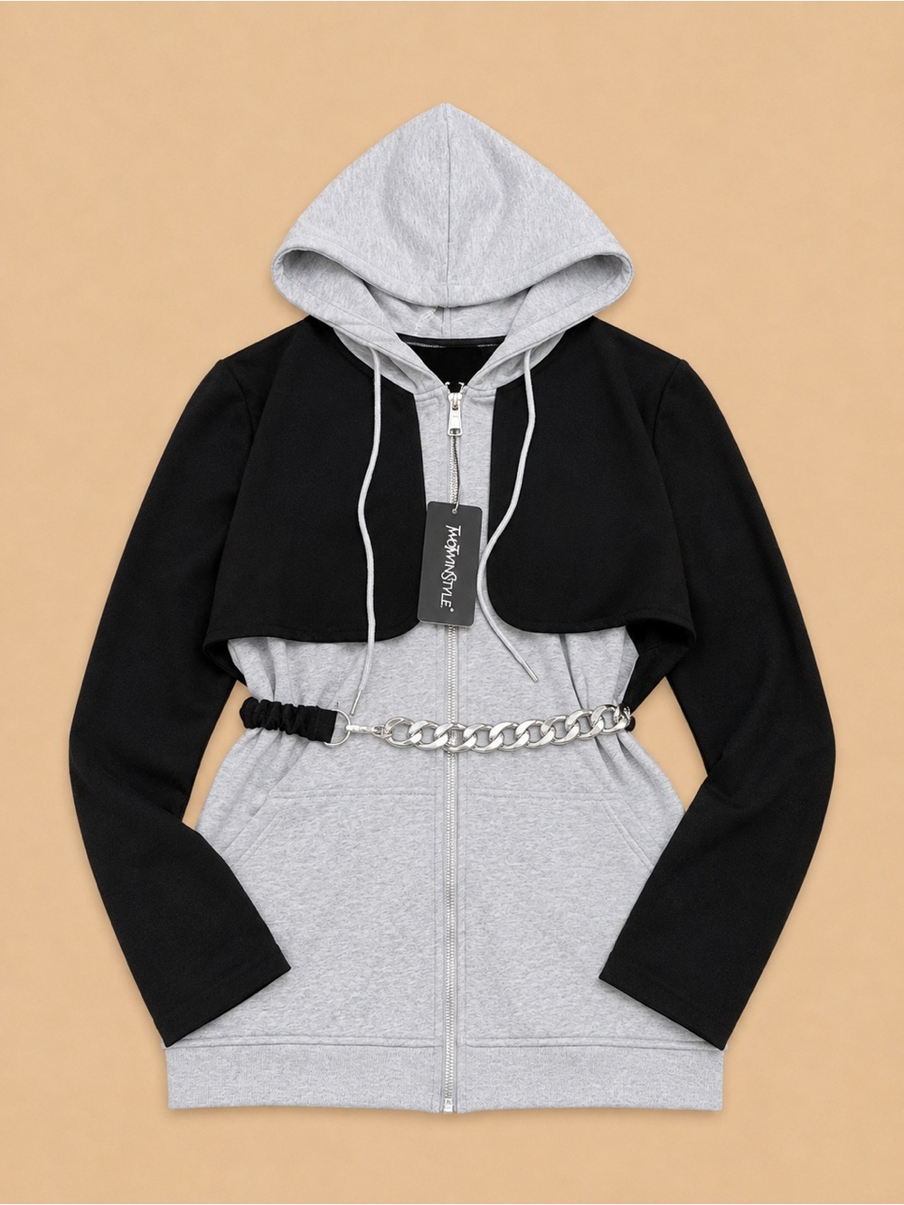 Cropped Black Overlay Hooded Zip Jacket with Light Gray Base